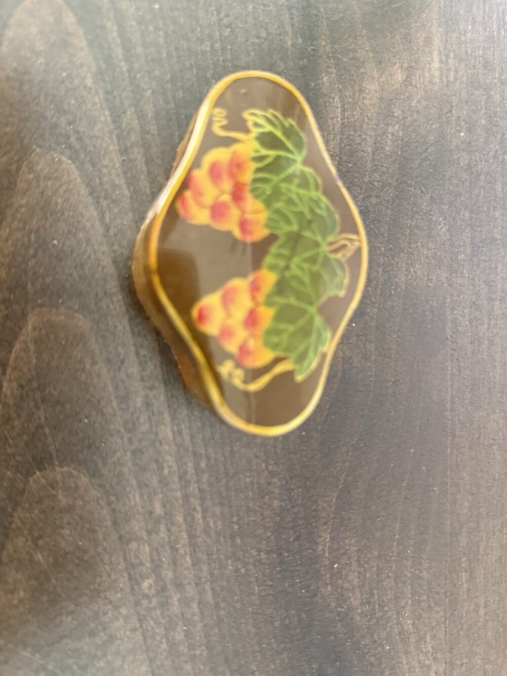 Hand-Painted VTG Trinket Box Grapes Design & Red Interior Lining Compact Size